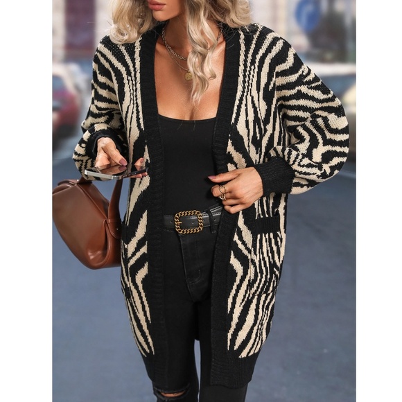 Zebra Animal Print Beige and Black Open Cardigan Pockets Long Sleeve - Picture 6 of 7